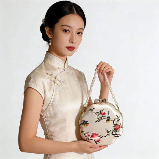 Ethnic Floral Embroidery Round Bag | Sophisticated "Cheongsam Match" Silhouette | Elegant Beaded Chain Crossbody | "Dignified" High-Performance National Style Essential for Radiant Versatile Styling Luxegan
