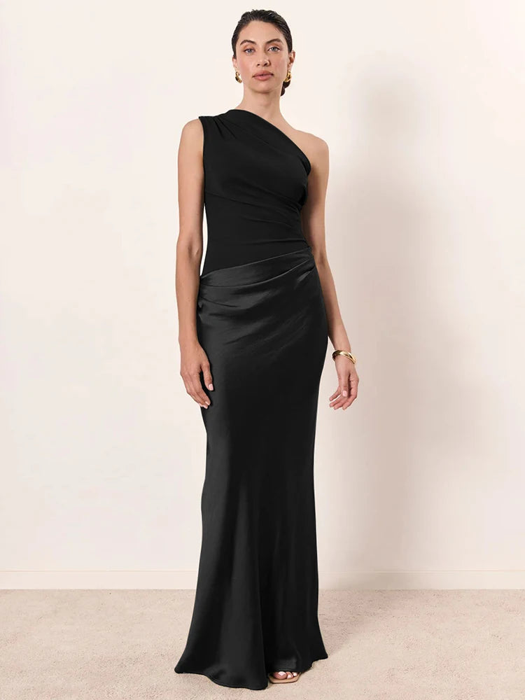 Satin Inclined Shoulder Sexy Maxi Dress for Women | Elegant Patchwork Backless Bodycon Evening Dress | Premium Slight-Stretch Slim Fit Club Vestido | Sleeveless Ankle-Length A-Line Party Gown Luxegan