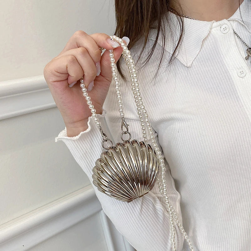 Hard XS Metallic Shell Bag | Fashion Pearl Chain Crossbody Mini Purse Luxegan