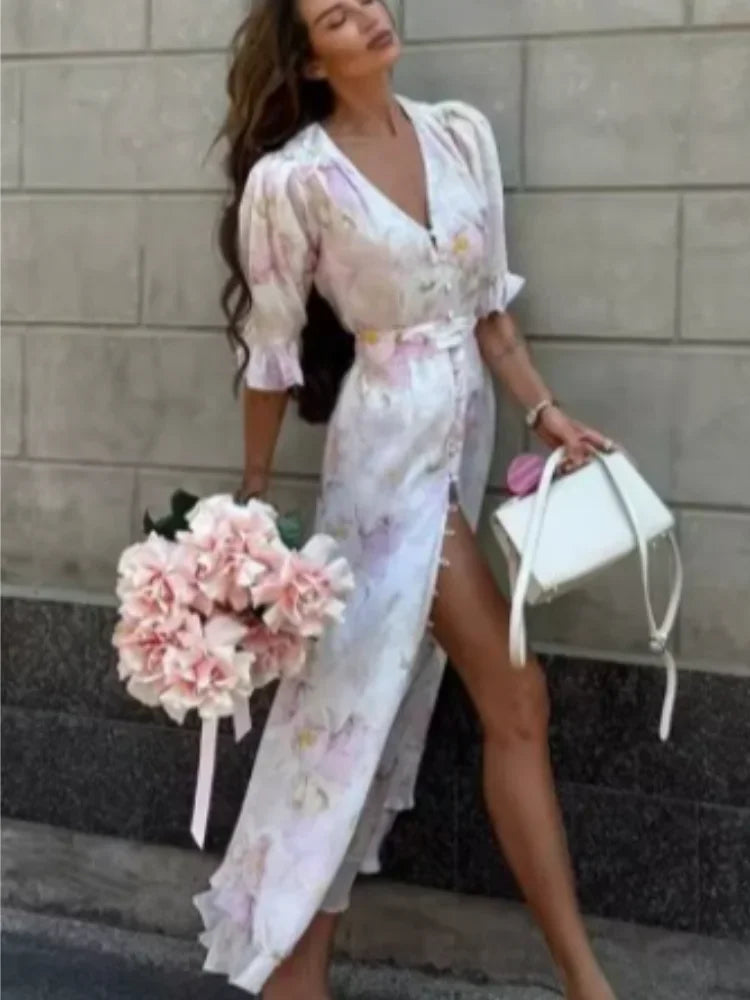 Flutter Sleeves Slim Long Dress Women Casual Pleated Deep V-neck Floral Print High Waist Dresses 2026 Lady Summer Holiday Wear