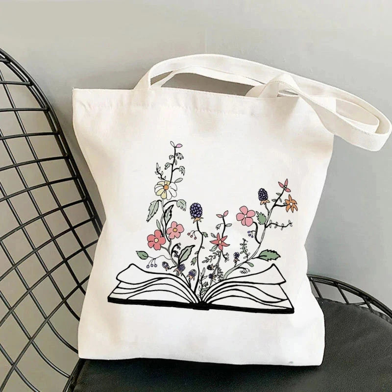 Flowery Books Printed Canvas Tote Bag | Retro Large Capacity Eco-friendly Shopping Bag | Unisex Student Schoolbag Shoulder Bag Luxegan