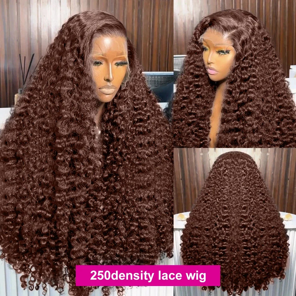 34-Inch Highlight Jerry Curly HD Lace Frontal Wig | Sophisticated 250% Density 13x4 Transparent Lace | Elegant "Chocolate Brown" Highlighted Silhouette | "Dignified" Pre-Plucked Deep Wave Human Hair for Radiant Versatile Styling Luxegan