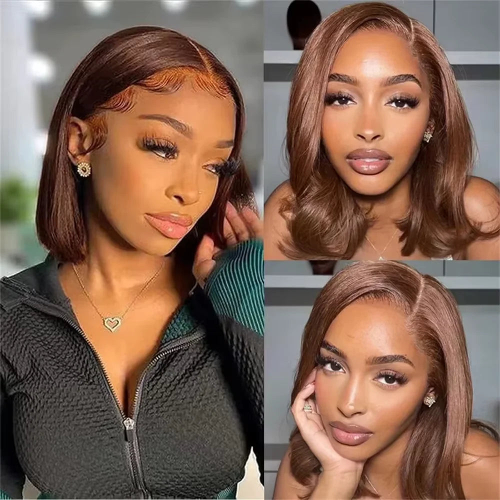 14-Inch #4 Chocolate Brown Straight Bob Wig | Sophisticated 13x4 HD Transparent Lace Frontal | Elegant "Natural Hairline" Silhouette | "Dignified" Glueless Brazilian Remy Human Hair for Radiant Versatile Styling Luxegan