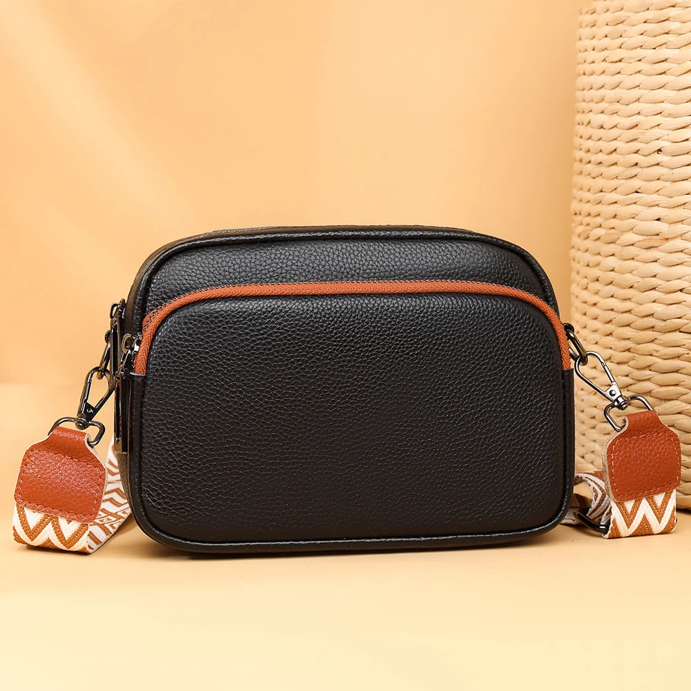 Genuine Leather Wide Strap Shoulder Bag | Solid Color Crossbody & Phone Bag Luxegan