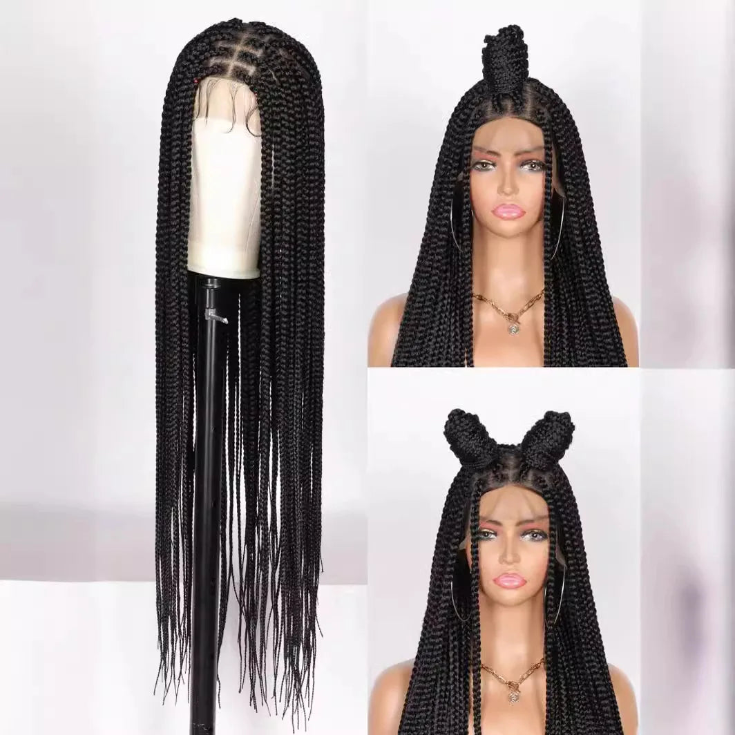 Synthetic 36 inch Lace Front Knotless Braided Wigs Black Box Braid Wig with Baby Hair Blended Lace Frontal Box Braided Luxegan