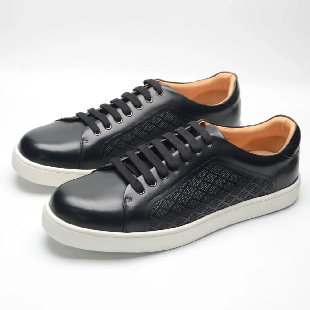 Luxury Designer Men's Genuine Leather Skateboard Sneakers | Classic Black, White & Brown Lace-Up Casual Oxfords Luxegan