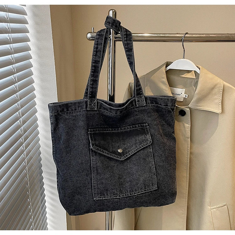 Fashion Luxury Women’s Denim Shoulder Bag | High-Quality Fabric Large Capacity Tote | Sophisticated Multi-Functional Handbag | Fashion-Forward Square Denim Crossbody with Exterior Flap Pocket Luxegan