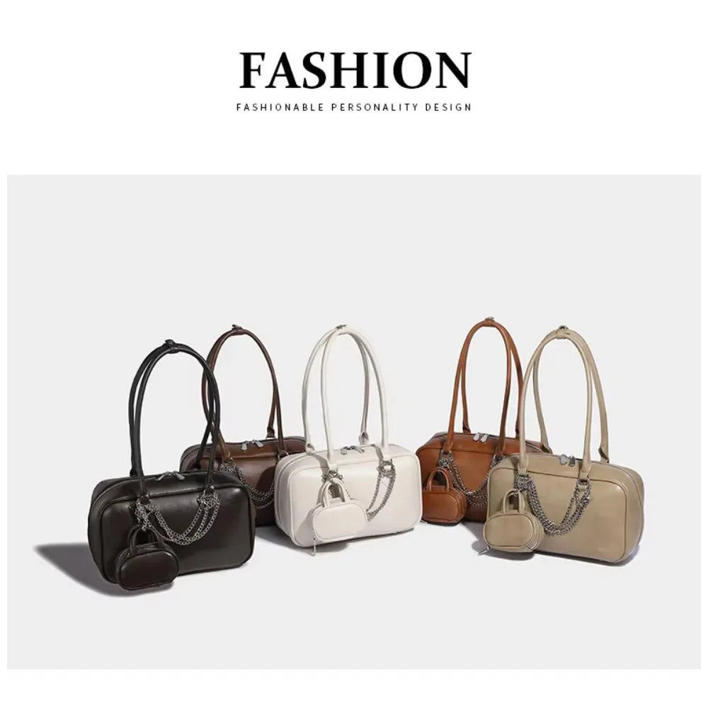 Retro PU Leather Underarm Bag | Sophisticated Solid Color Shoulder Silhouette | Elegant "Spring Fashion" Luxury Handbag | "Dignified" Simple Lady Purse for Radiant Versatile Styling Luxegan