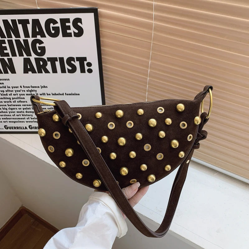 Women's Branded Half-Moon Shoulder Bag | Premium Faux Suede Crossbody Hobo Bag | Latest Designer Handbags Luxury | Soft Dot-Patterned Underarm Purse with Hollow-Out Rivet Decor Luxegan