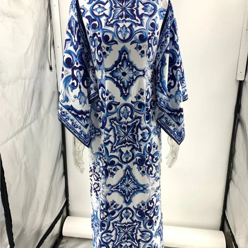 Blue & White Porcelain Print Midi Dress – Slash Neck, 3/4 Sleeve, Side Split Luxegan