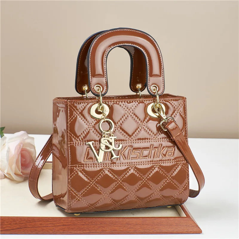 High-Quality Patent Leather Female Handbag | Luxury Designer Crossbody & Shoulder Bag | Glossy Geometric Pattern Tote with Multi-Pocket Interior Luxegan