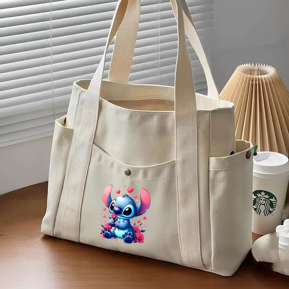 Lilo & Stitch Large Canvas Tote Bag | College Style Commuter & Student Shoulder Bag | Cartoon Shopping Handbag (Unisex) Luxegan