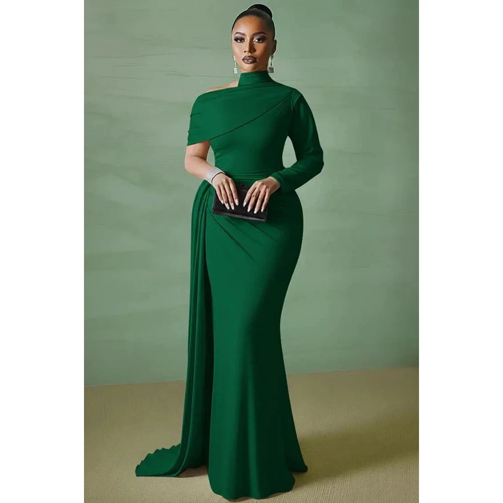 Women's Elegant White One-Shoulder Prom Gown | Customized Halter Cap Sleeve Mermaid Evening Dress | Formal Floor-Length Wedding Guest Dress | Built-In Bra Jersey Vestido Luxegan