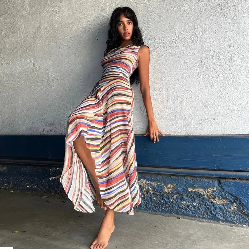 Striped Sweetheart Neck Slim Maxi Dress – Sleeveless, Floor-Length, Spring/Summer Luxegan