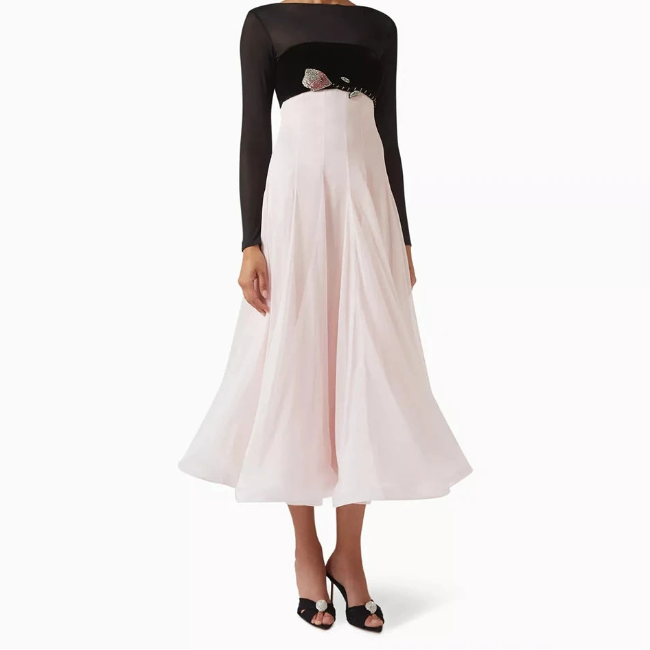 Floral Crystal A-Line Prom Dress | Boat Neck Full Sleeve Tea-Length Evening Gown Luxegan