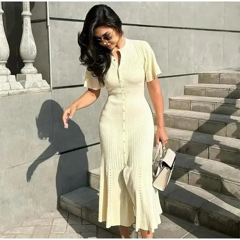 Elegant High-Waist Knitted Split Dress | Sophisticated O-Neck Sleeveless Gown | Elegant "High-Street" Silhouette | "Dignified" Draped Ankle-Length Dress for Radiant Versatile Spring & Summer Styling Luxegan