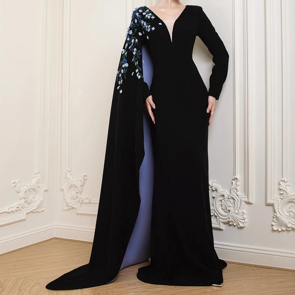 Bespoke A-Line Evening Dress with Fashion Flowers Stole | Simple V-Neck Full Sleeve Floor-Length Prom Gown | Luxurious Draped Jersey Formal Party Dress | Model zrj Customized Occasion Wear Luxegan