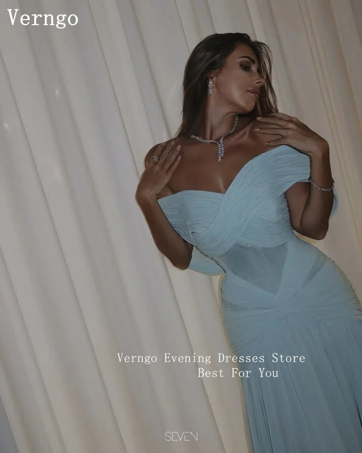 Verngo Blue Chiffon Evening Dress Off The Shoulder Mermaid Formal Occasion Dress Saudi Arabia Prom Gowns Customized