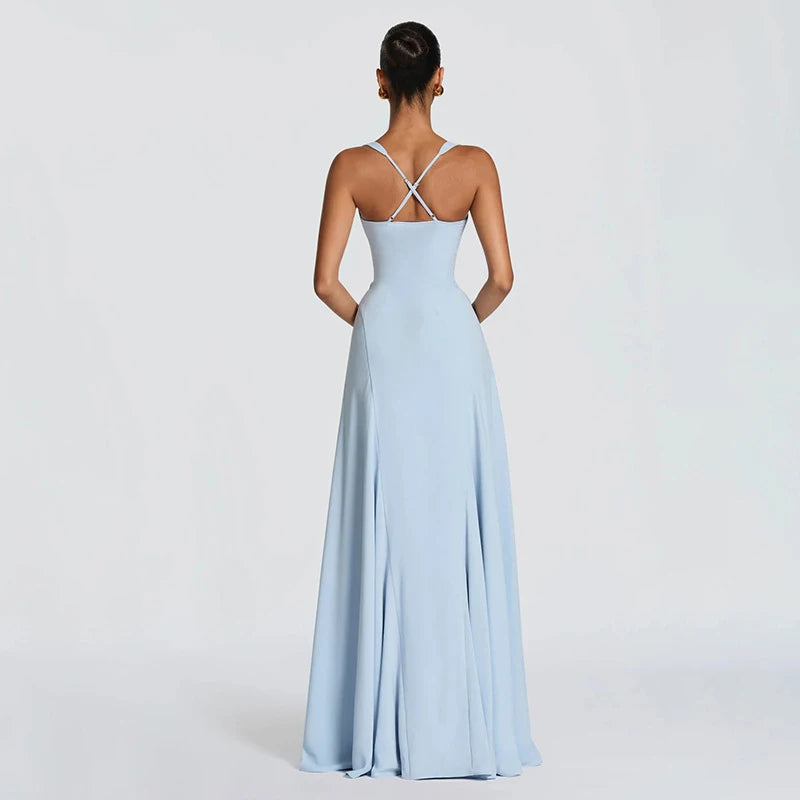 Women's Elegant Yellow Low-Cut Backless Maxi Dress | High-Waisted Lace-Up Waist Cincher Party Gown | Short Puff Sleeve Hollow-Out Club Dress | Premium Tatting Slight Stretch Mid-Calf Fit and Flare Luxegan