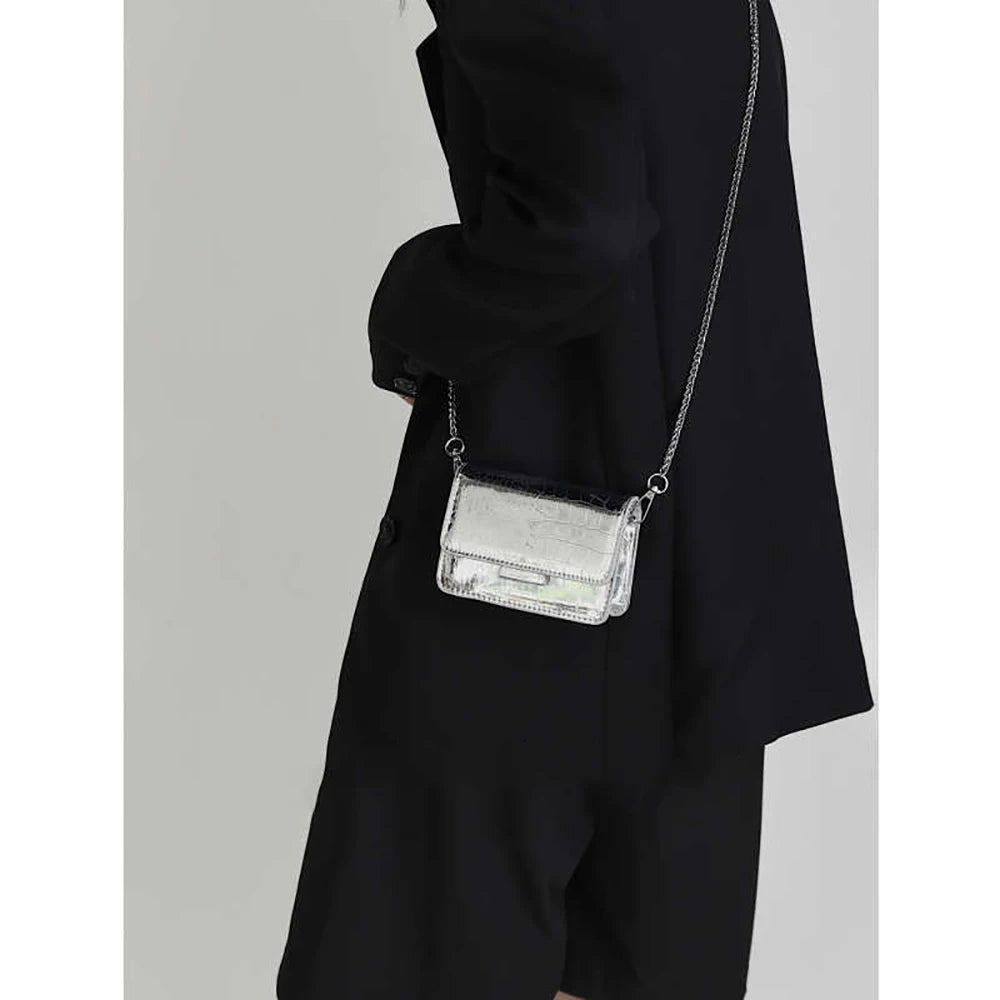 Summer Patent Leather Chain Mini Handbag | Women's Silver PU Crossbody Bag | HARD Fashion Square Buckle Lipstick Purse Luxegan