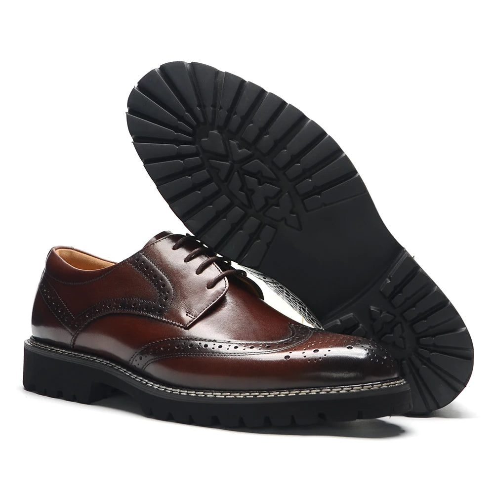 Handsome Men's Luxury Genuine Leather Sneakers | Wingtip Brogue Casual Oxfords (Height Increasing, Waterproof) Luxegan