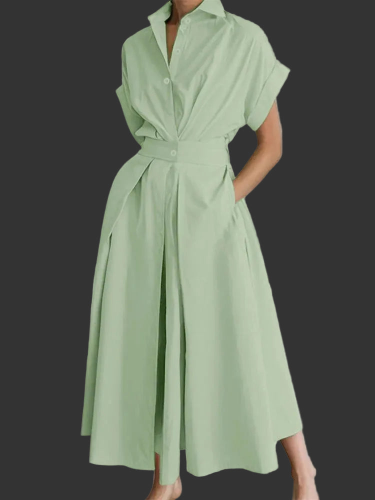 Button-Down Collar Midi Dress | Short Sleeve A-Line Office Sundress with Pockets Luxegan