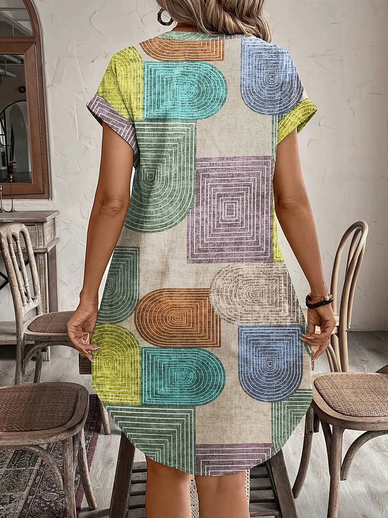 Women's Elegant Geometric Print Dress | Summer V-Neck Button-Up Casual Gown | American Retro Loose Fit Knee-Length Sundress | Premium Tatting Comfortable All-Season Vestido Luxegan