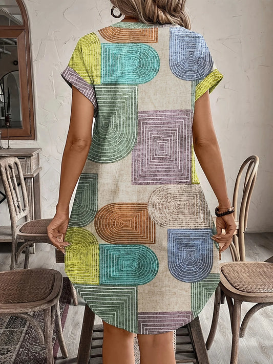 Women's Elegant Geometric Print Dress | Summer V-Neck Button-Up Casual Gown | American Retro Loose Fit Knee-Length Sundress | Premium Tatting Comfortable All-Season Vestido Luxegan