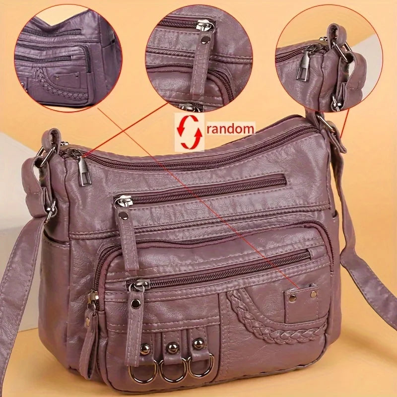 Vintage PU Leather Crossbody Bag | Retro Multi-Layer Shoulder Bag for Women | Sophisticated Classic Fashion Handbag & Purse | Elegant Work & Travel Messenger Bag with "Dignified" Letter Detail Luxegan