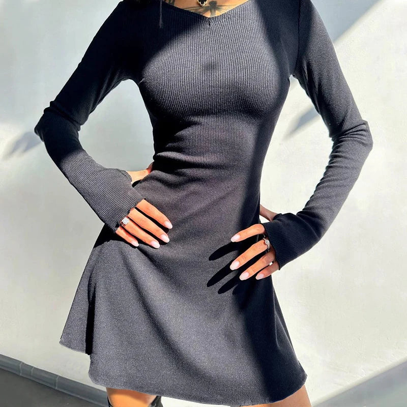 Solid V-Neck Sash Belt Slim Fit-and-Flare Mini Dress – Medium Stretch Polyester, Natural Waist, Spring/Summer Luxegan