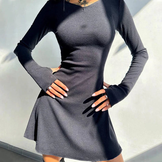 Solid V-Neck Sash Belt Slim Fit-and-Flare Mini Dress – Medium Stretch Polyester, Natural Waist, Spring/Summer Luxegan