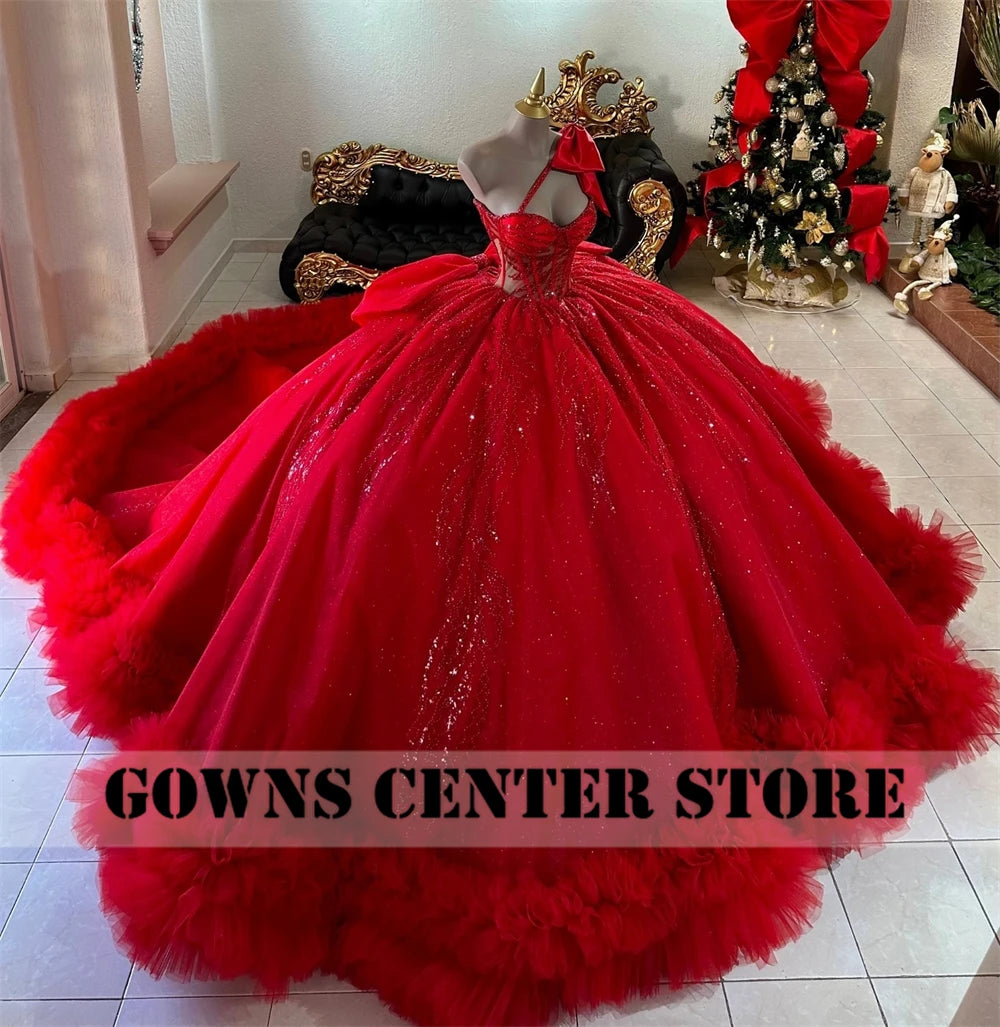 Red Puff Ruched Train Ball Gown Quinceanera Dress With Bow One Shoulder Beaded Appliques Sweet 15 Vestidos De 15 Años Customized