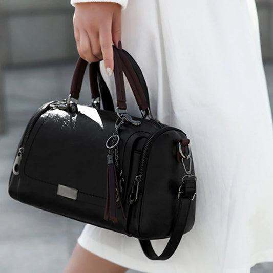 Tassel Decor Large Capacity Boston Bag for Women | Fashionable Zipper Shoulder & Crossbody Bag | Premium PU Leather Handbag with Removable Strap | Elegant Party & Event Travel Tote Luxegan