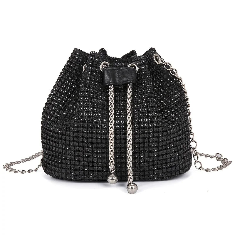 Sparkling Rhinestone Embellished Drawstring Crossbody Bag, Multi-Functional Bucket Purse, Formal Handbag for Women Daily Commute Luxegan