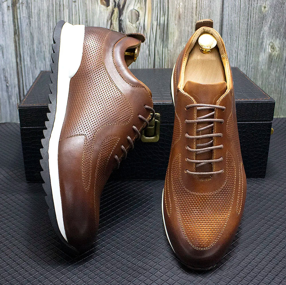 Luxury Men's Genuine Cow Leather Sneakers | Sophisticated Lace-Up Oxford Casual Shoes | Elegant "Handmade Stitching" Silhouette | "Dignified" Breathable Street Travel Footwear for Radiant Versatile Styling Luxegan