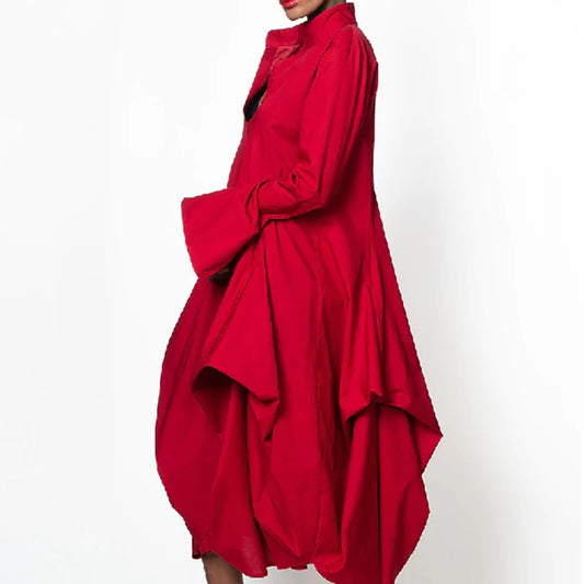 Solid Red Elegant Party Dress | Sophisticated Stand-Collar Loose Silhouette | Elegant "Mid-Calf" Prom Midi Gown | "Dignified" Ruched England Style Dress for Radiant Versatile Styling Luxegan