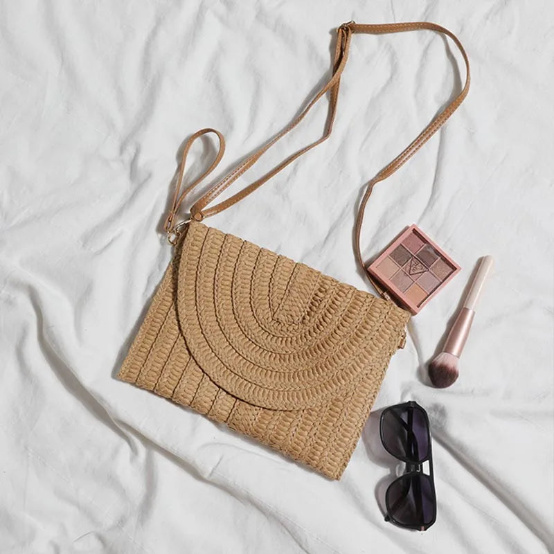 Bolsos de playa de verano para mujer Bolso bandolera de paja hecho a mano con sobre Bolso de hombro trenzado Bolso de mano de vacaciones tejido