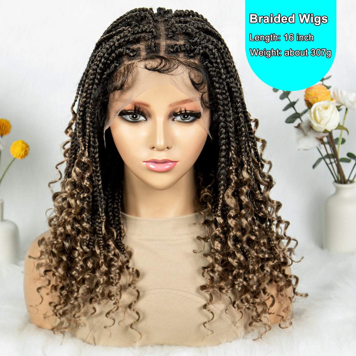 16 Inch Boho Knotless Box Braided Wig | Full Lace | Curly Ends