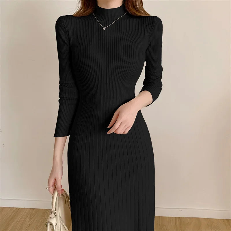 Autumn Winter Slim Knitted Midi Dress | Sophisticated Half-High Collar Sweater Dress | Elegant "Tatting Weave" Silhouette | "Dignified" Empire Waist Party Dress for Radiant Versatile Styling Luxegan