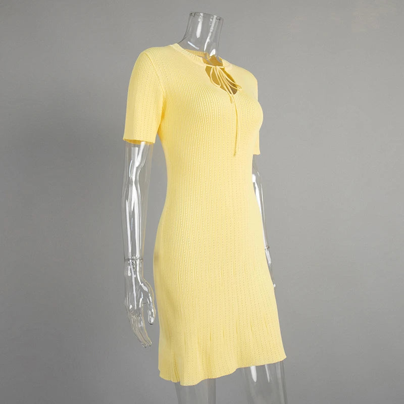 Solid Stand Collar Short Sleeve Slim Fit A-Line Knit Dress – Natural Waist, Summer | Short & Long