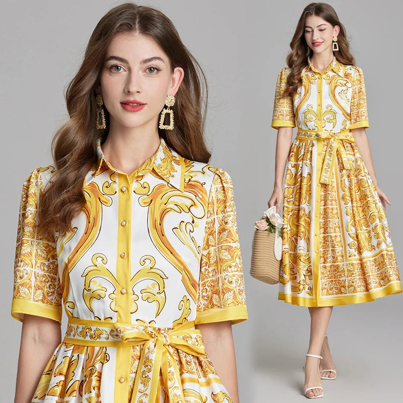 Floral Print A-Line Shirt Dress – Turn-Down Collar, Belted, Short Sleeve Luxegan