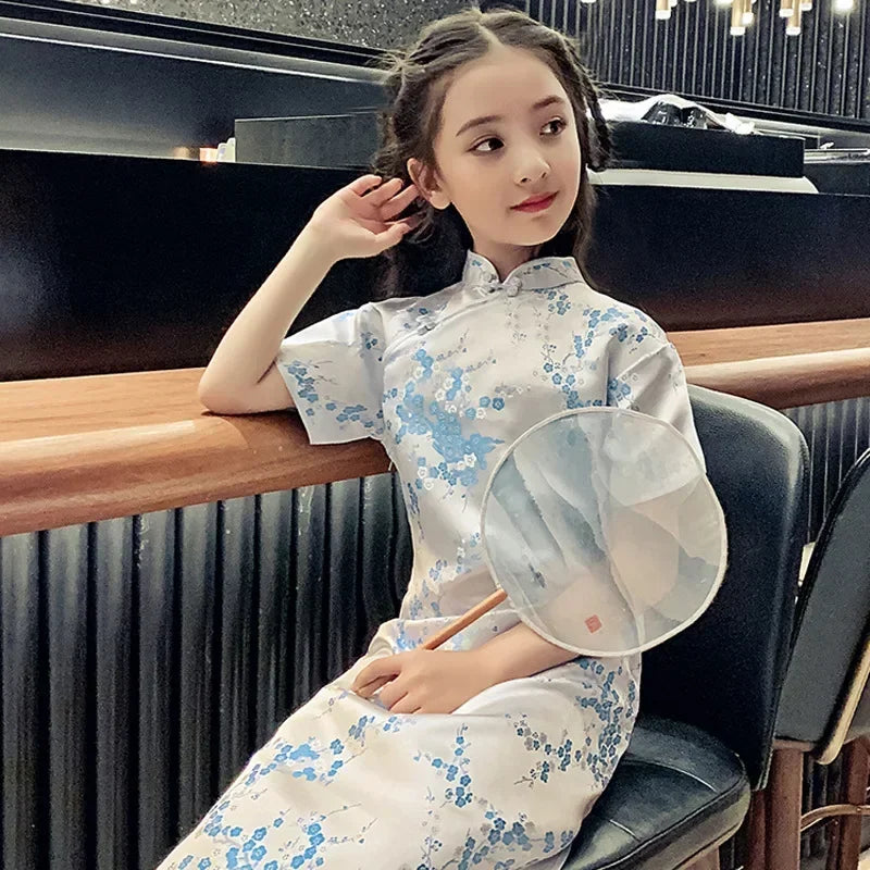 Girls' Modern Cheongsam Chinese Style Dress | Summer Kids Casual Flower Print Clothes | Short-Sleeve Turtleneck Knee-Length Straight Dress Luxegan