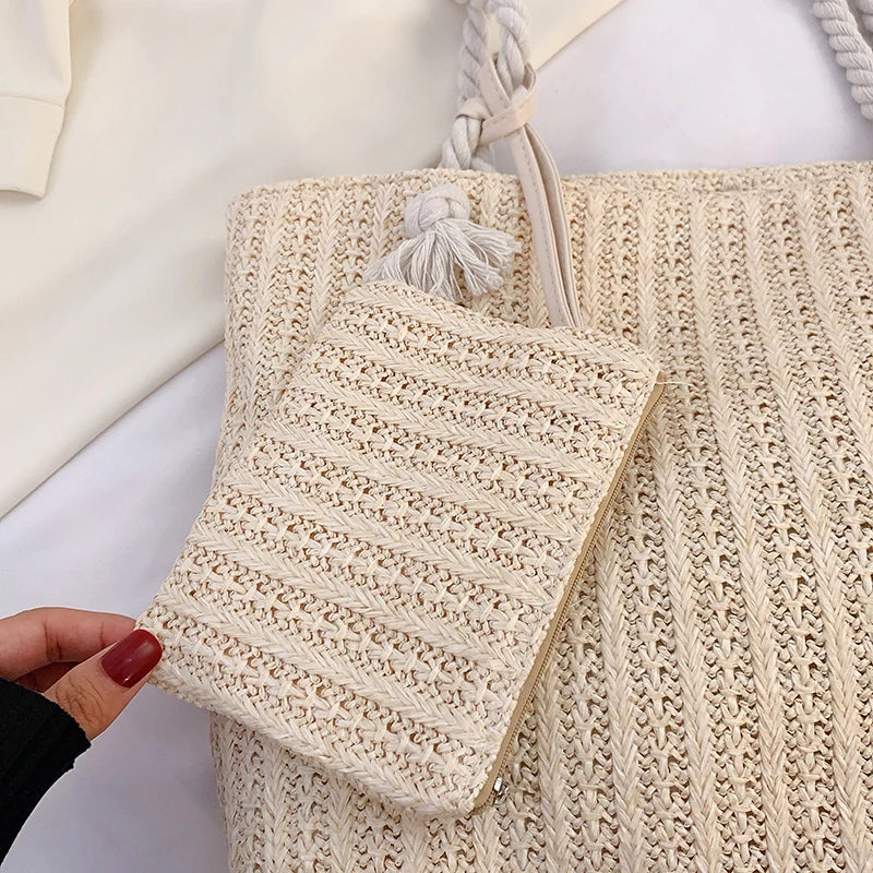Designer Women’s Straw Tote | Sophisticated Large Capacity Beach Bag | Elegant Casual Bali-Inspired Purse | Luxury "Dignified" Woven Straw Handbag with Secure Hasp Closure Luxegan