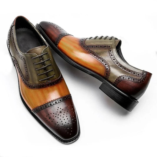 Color Block Genuine Leather Oxford Shoes | Sophisticated Tricolor Cap Toe Brogues | Elegant "Full Grain Cowhide" Silhouette | "Dignified" Gentleman’s Dress Shoes for Radiant Versatile Business & Party Styling Luxegan