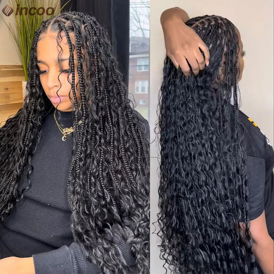 Long 32 Boho Braided Full Lace Front Wigs Synthetic Blonde Curly Goddess Locs Cornrows Wigs Pre Plucked Baby Hair Box Braids Wig Luxegan