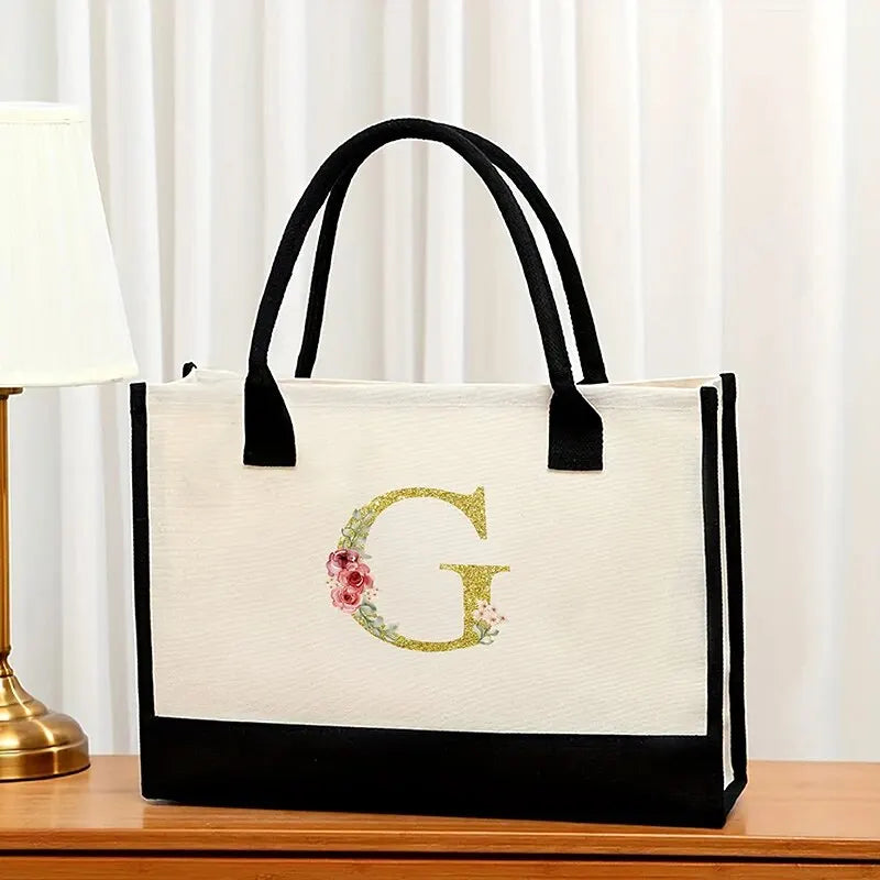 Canvas Gold Letter Fashion Tote Bag | Trendy Metallic Initial Handbag | Large Capacity Canvas Shopping Bag & Daily Satchel for Women Luxegan