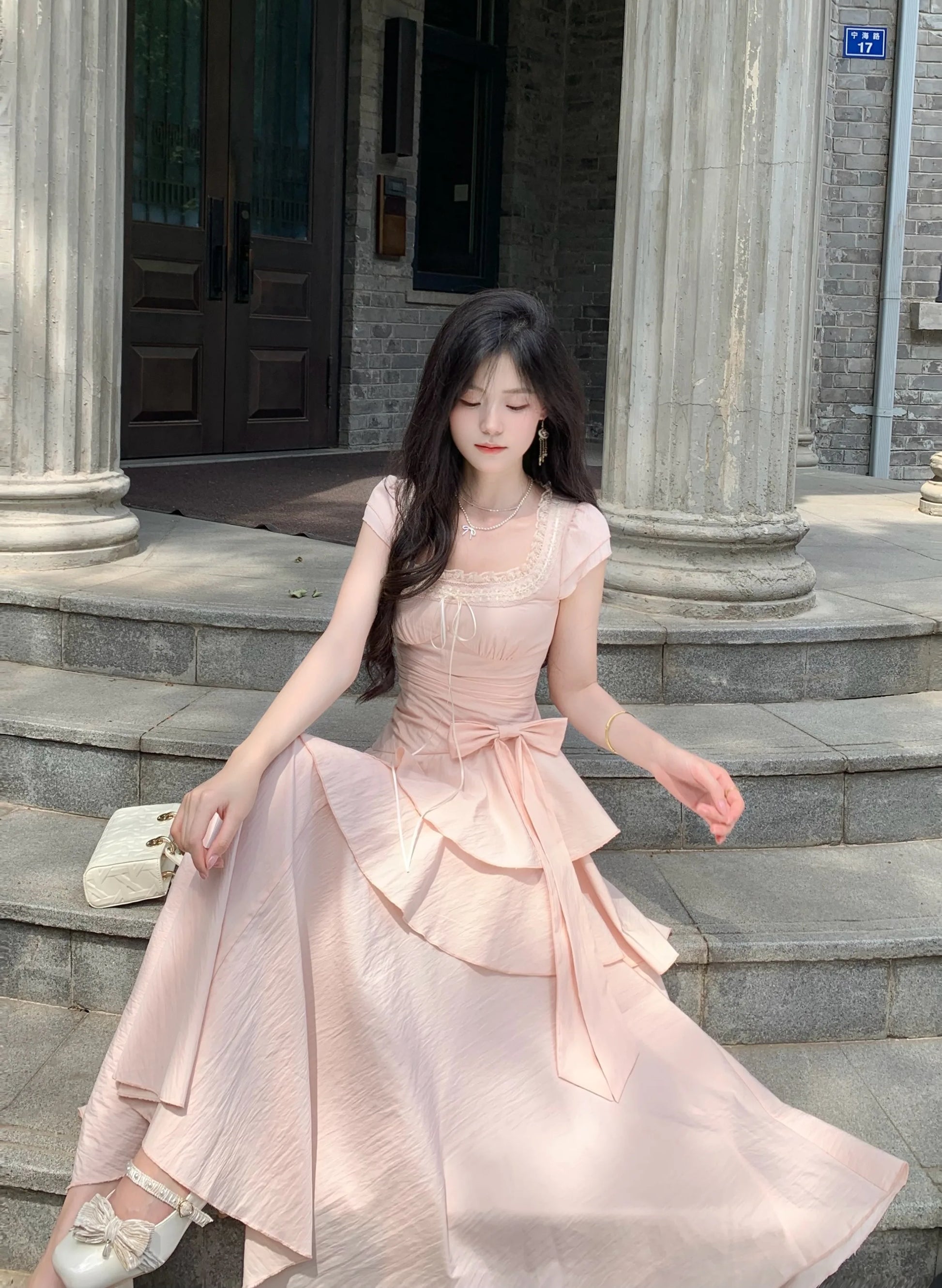 Women's Elegant Vintage Summer Midi Dress | Sweet Korean Style Irregular Evening Gown | Slim Fit A-Line Short Puff Sleeve Vestido | Premium Cotton Blend Bow Neckline Dress Luxegan