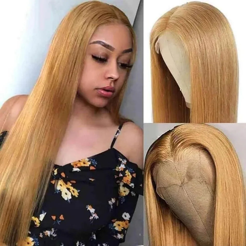 250% Density Honey Blonde Straight Wig | Sophisticated 13x6 HD Lace Frontal | Elegant #27 Colored Brazilian Human Hair | "Dignified" 26+ Inch Pre-Plucked Remy Hair for Radiant Versatile Styling Luxegan
