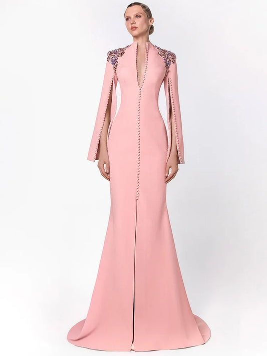 Diamond Beaded Slit Sleeve Maxi Dress | V-Neck Long Sleeve A-Line Designer Evening Gown Luxegan