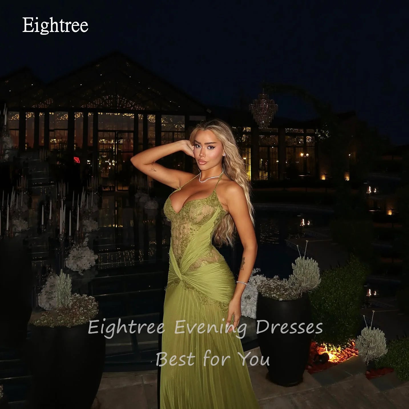 Glamorous Halter Mustard Green Prom Gown | Sexy Backless Organza Mermaid Evening Dress | Pleated Draped Floor-Length Formal Party Gown Luxegan